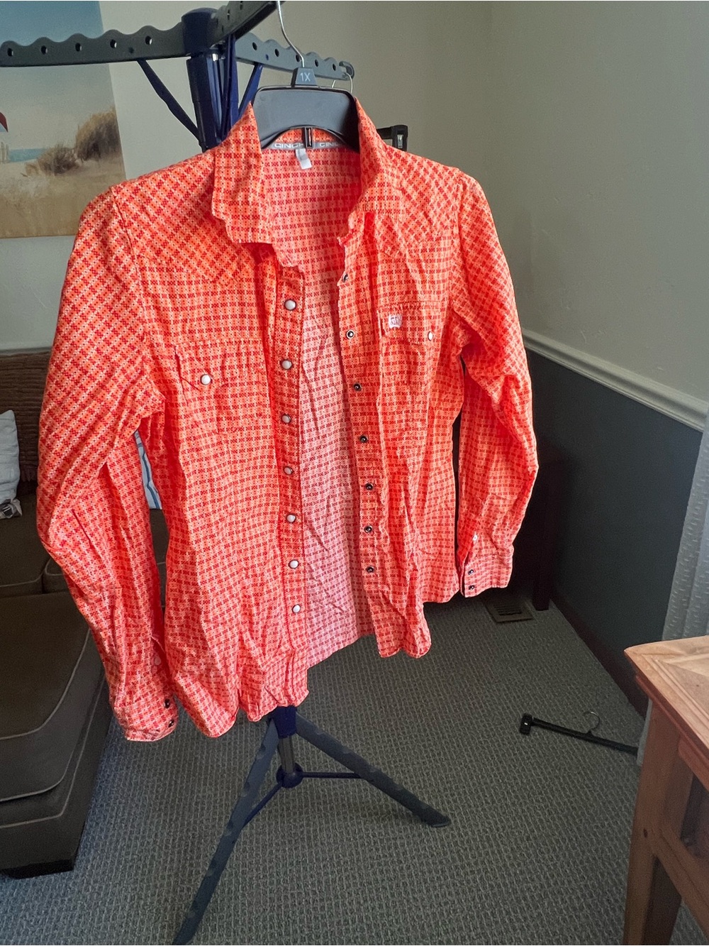 Cinch woman’s L Orange Check Long Sleeve western Button-Up Shirt Pockets # 362